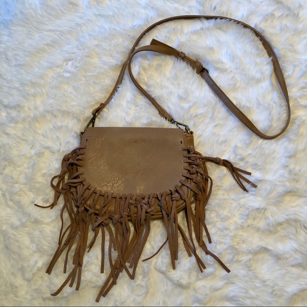 Tan Faux Leather Fringe Cross Body Purse